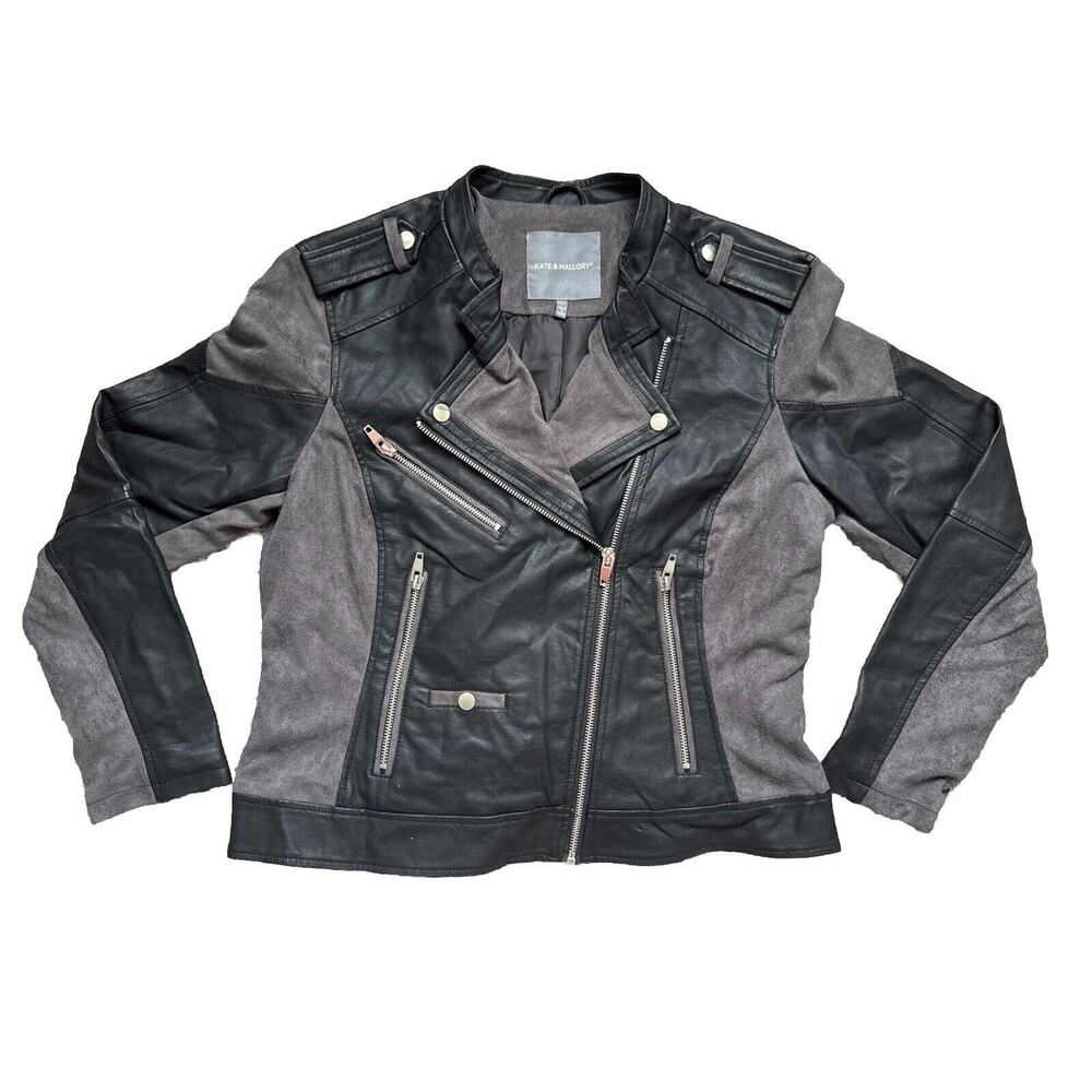 Kate & Mallory Black Faux Leather & Suede Biker Jacket, Size L